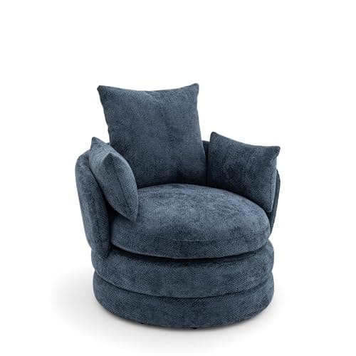 Image of Chenille Dark Blue Swivel Armchair with Cushions - Rotating Cuddle Chair for Bedroom, Blue Armchair, Fabric Snuggle Chair, Swivel Chairs for Living Room - TERI