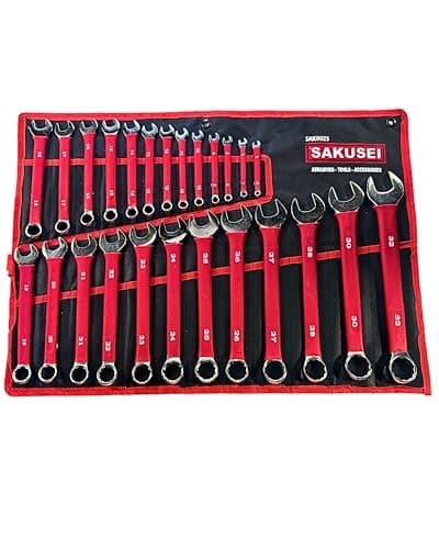 Image of Sakusei 25-Piece Combination Spanner Set, 6-32mm Metric Sizes, Red Soft Grip Handles, Storage Roll