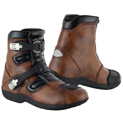 Image of PROFIRST Motorbike Genuine Leather Short Ankle Boots Motorcycle Waterproof Off Road Touring Shoes for Men (Brown, 9, UK Footwear Size System, Adult, Men, Numeric, Medium, 9)