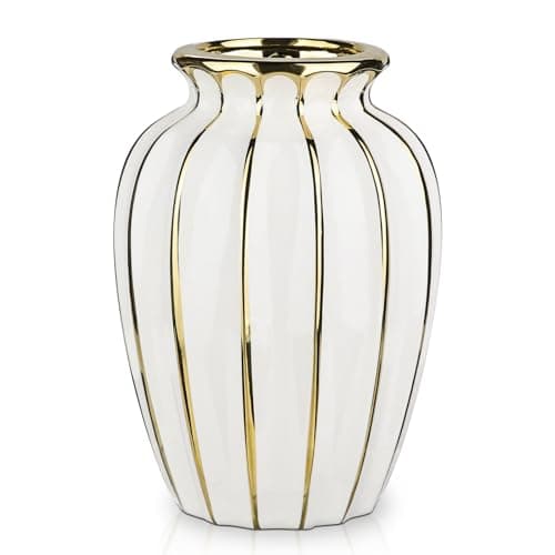 Image of Oairse Modern Vase for Flowers 20cm Gold White Ceramic Flower Vase For Decorative Wedding Party Home Vases Décor Table Centerpieces Mantel Shelf Office Living Room Bedroom Decoration