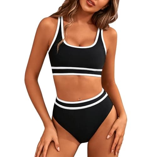 Image of LXEASYGO Women's High Waisted Bikini Set Tummy Control 2 Piece Swimsuit for Women Padded Swimwear Push Up Top Bottoms Bathing Suits (UK, Numeric, 10, 12, Regular, Regular, Black)