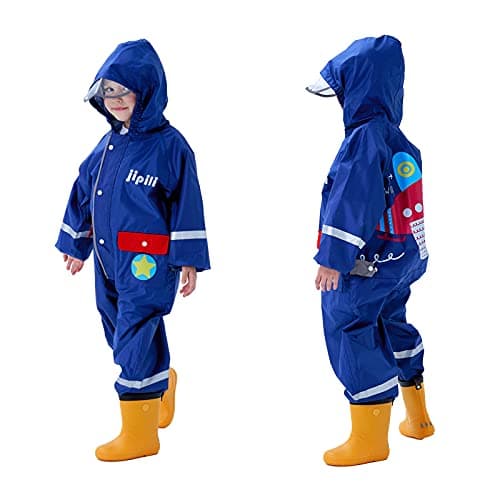 Image of Domueay Rainsuit Boys Waterproof Puddle Suit Hooded Breathable Easy Dry All in one Children Raincoat Lightweight One Piece Rain Muddy Suit Rainwear for Kids 6-7 years, Navy Blue Airplane