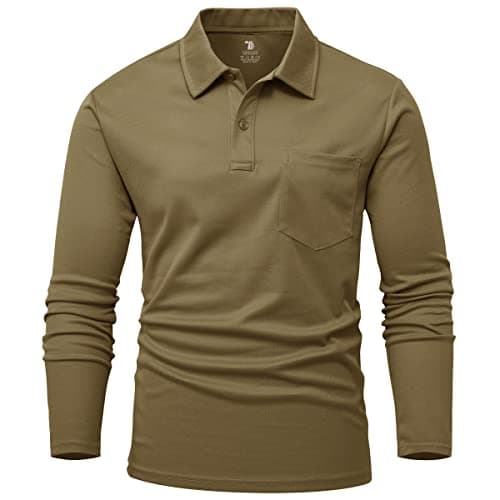 Image of Rdruko Mens Polo Shirt Long Sleeve Casual Smart Breathable Polyester Work T Shirts Wicking Quick Dry Golf Tops with Chest Pocket Brown XL