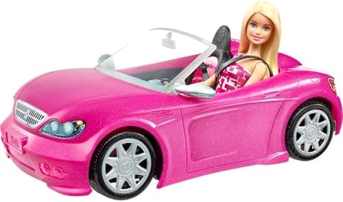 Image of Barbie Playset with Sparkly Pink 2-Seater Toy Convertible Car Featuring Glam Details & Fashion Doll in Sundress & Sunglasses (Amazon Exclusive), DJR55