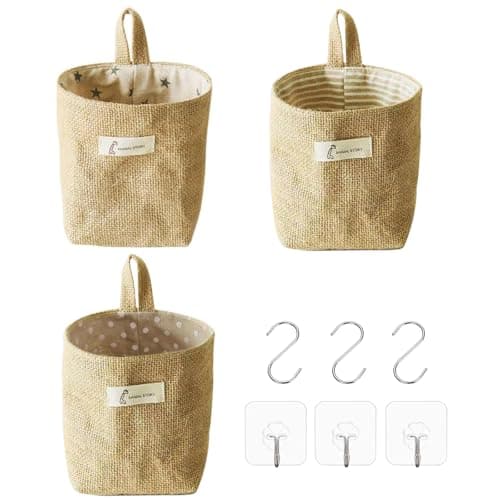 Image of Cisyia Hanging Storage Baskets with S and J Hook, 3 PCS Foldable Wall Organizer, Hanging Storage Bag, Cotton and Linen Basket for Toys Makeup Small Affairs Keys Toilet Paper Potted