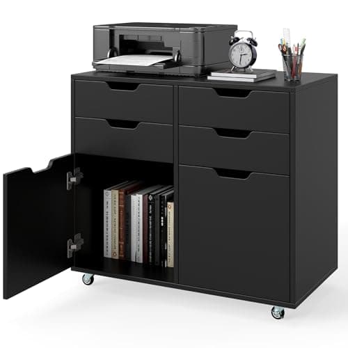 Image of CASART Rolling File Cabinet, 4/5/7 Drawers Freestanding Storage Organizer Cupboard on Wheels, Home Office Lateral Filing Chest (4 Drawers + 2 Door, Black)
