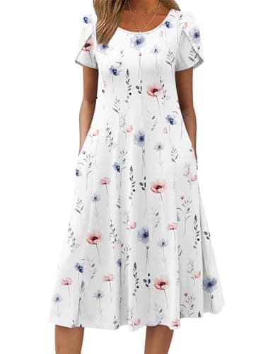 Image of Zeagoo Women's Summer Dresses Short Sleeve Midi Dress Crew Neck Casual Swing Dress with Pockets Ladies Floral Dress UK White Print XXL