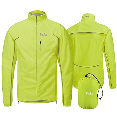 Image of FDX Men’s Cycling Jacket - Waterproof Lightweight Breathable Cycle Rain Jersey - High Visibility Full Sleeves Reflective Tops - Windproof Coat for Running, Riding, Mountain Bike Racing(Yellow, M)