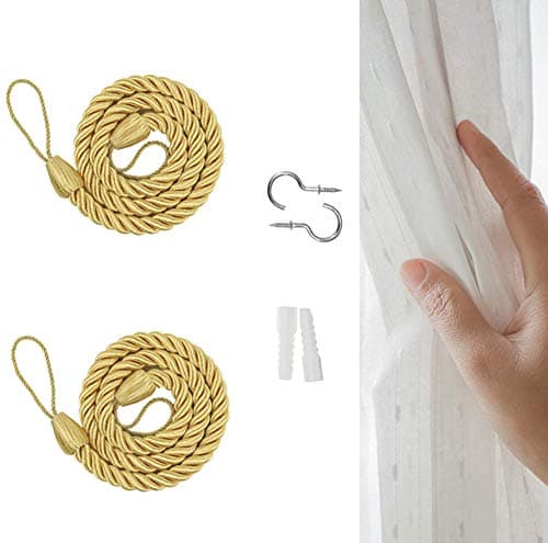 Image of NANAOUS 1 Pair Curtain Ties backs, Curtain Tiebacks Ropes, Drapery Holdbacks Artistic Room Décor Handmade Natural Knitting Cotton Rope Drape Tie Backs for Sheer and Blackout Cotton Rope(Gold)