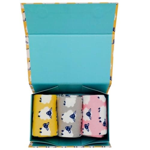 Image of Purple Possum® Sheep Socks Gift Box 3 Pair Pack Ladies Pink Grey Yellow Womens Bamboo Cotton Blend Womens Socks
