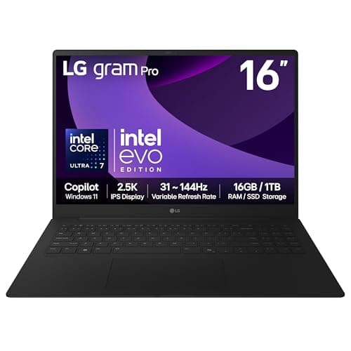 Image of LG gram Pro 16Z90TP - 16 Inch 2.5K IPS 144Hz VRR, Ultra-Lightweight Laptop, Intel Core Ultra 7 255H - EVO Edition, 16GB RAM, 1TB SSD, Windows 11 Home, gram Hybrid AI, Copilot, Black (2025)