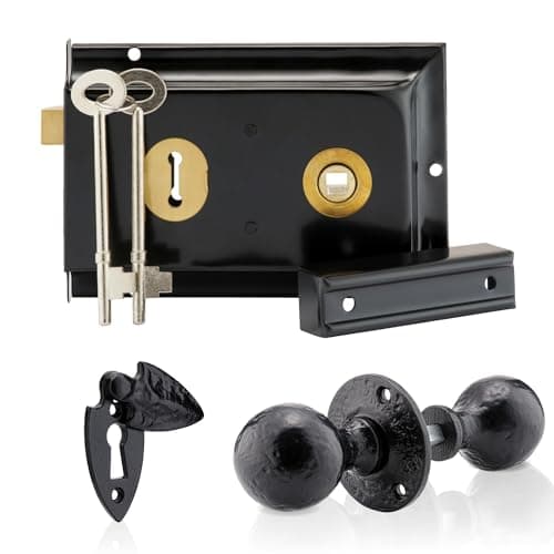 Image of XFORT Smithy's Range Ball Shaped Rim Knob Set Black Antique, Complete with A Rim Lock, Round Rim Door Knob and Escutcheon with Keyhole Cover, Designed for Wooden Barn, Gate and Shed Doors.