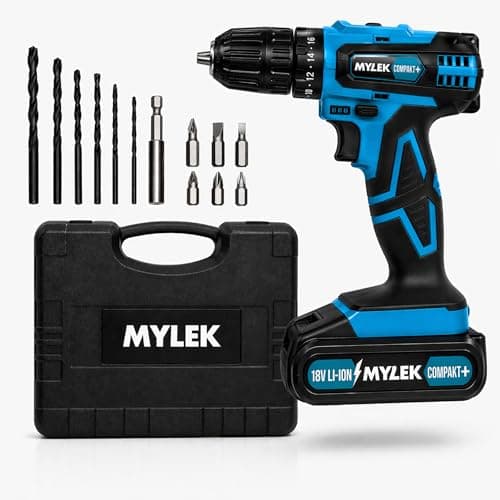 Image of MYLEK MY18BCM1 Cordless Drill 18V, 1500 mAh Li-Ion Driver 28Nm, 1 Hour Electric Quick Charge, 2 Speed, LED Work Light, Carry Case with Accessory Kit, Variable Speed & Quick Stop Function