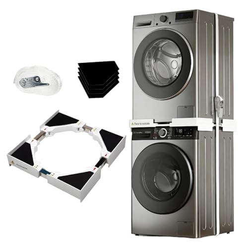 Image of Ideal Swan Universal Washing Machine Stacking Kits – Adjustable Washer Dryer Stacking Kit Fit for 46-66 cm, Space-Saving Tumble Dryer Stacking Frame Kit with Ratchet Strap and Anti Vibration Pads