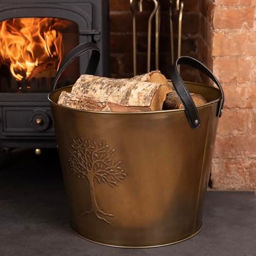 Image of CHARLES BENTLEY Snug Mulberry Large Leather Handle Log Bucket, Metal, Leather, Antique Gold Coloured Finish, Timeless Style, Tree Logo, 6kg Log Capacity, Rustic, Powder Coated, 2.2kg (45x45x35cm)