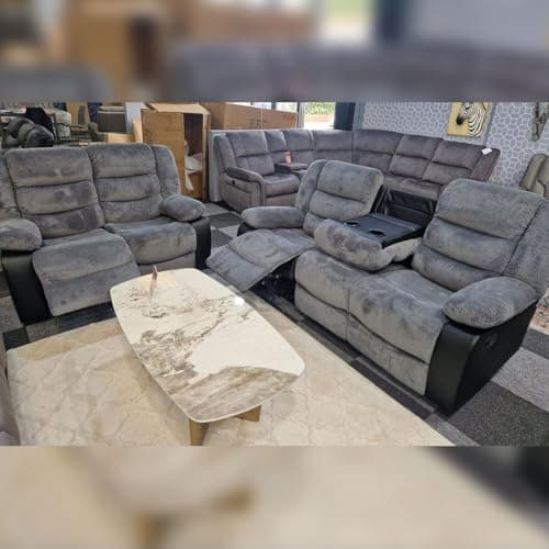 Image of Rio Cord Fabric Recliner Sofa With Cupholders - Manual Recliner Sofa - Grey and Black (3+2 Seater)