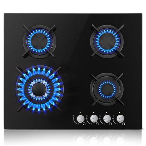 Image of TopStrong 4 Burner Black Glass Gas Hob with Wok Burner, 60cm Cooker, Flame Out Protection, 8060W Gas Cooktop, NG/LPG Convertible