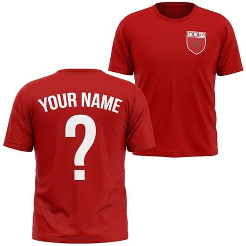 Image of Morocco Republic Kids Football T Shirt - Moroccan Team Personalised Name Number Tee - Boys Girls Footie Sports, 7-8 Years, Red