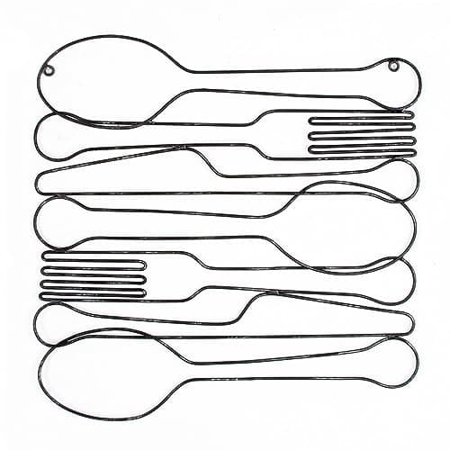 Image of Art For The Home Dinner Time Metal Wall Art - Black/Natural Wall Art - dark metal aluminium wiring cutlery outline design - Hang the wall - Feature design - cover for small cracks and imperfections