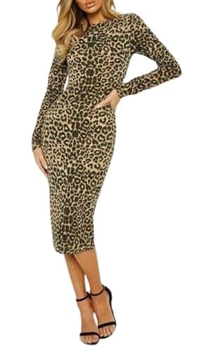 Image of Womens Animal Leopard Print Long Sleeve Stretch Bodycon Ladies Midi Dress (Leopard Print, 16-18)