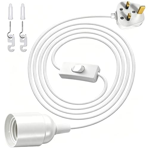 Image of E27 Plug in Pendant Light, Ceramic lampshade, 1.8m(5.9ft) Extension Cord with On/Off Switch, UK 3-Pin Plug, DIY Pendant Light Fitting for Hanging Lamps, Includes Hooks & Screws (White)