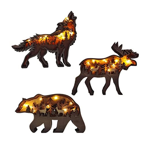 Image of YWNYT 3pcs 3D Forest Animal Wooden Statue Craft Wall Art Decor, Wooden Deer/Wolf/Bear Desktop Decor Wood Carving Ornament with Lights for Home Cafe Terrace