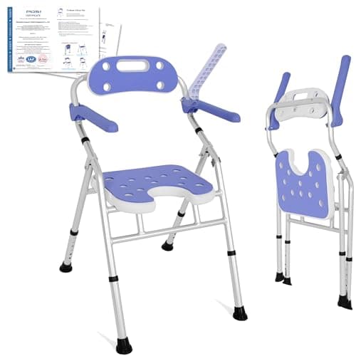 Image of OUUTMEE Foldable Shower Chair, Bath Shower Stool with Adjustable Height, Folding Bath Chair with Arms & Backrest - Space-Saving bath Seat for Elderly Safety (White)