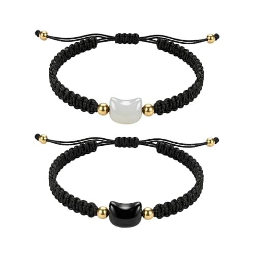Image of Matching Bracelets for Couples Best Friends - 2PCS Adjustable Braided Rope Friendship Bracelet, Cute Cat Charm Relationship Gifts for Boyfriend Girlfriend, Jewellery for Valentine's Day Birthday