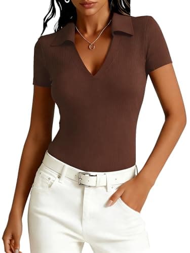 Image of Dressmine Chocolate Brown Clothes Women Short Sleeve V Neck Ribbed Knit Workout Golf Polo Basic Outfits Running Blouse Size 18