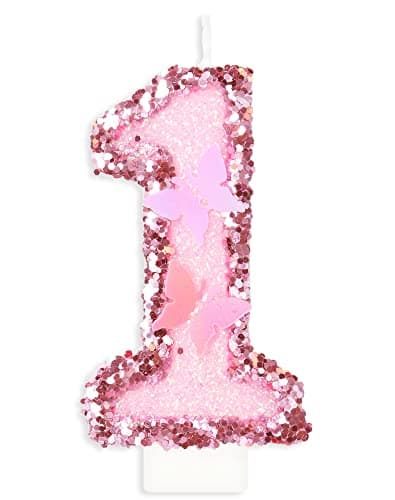 Image of 1st Butterfly Birthday Candles, Number 1 Pink Candle, Birthday Candle for Cake, Happy First Birthday Candle, Handmade Sequin Shining Numeral Candles Cake Topper Decoration for Girls Birthday Party