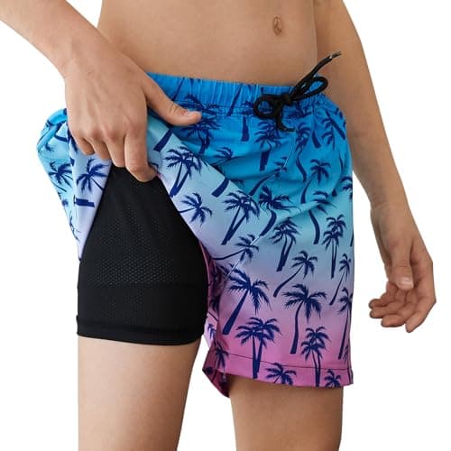 Image of TMEOG Boys Swimming Shorts with Compression Liner Quick Dry Kids Swimming Trunks with Pockets Beach Board Shorts Drawstring Waist (C_Coconut Palms,14-16 Years)