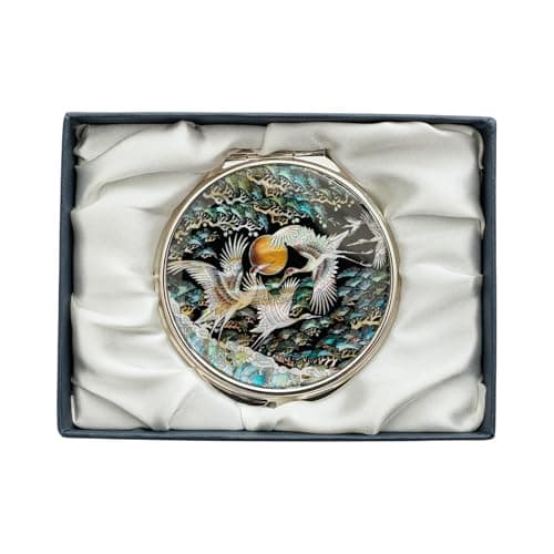 Image of February Mountain Elegant Butterfly and Floral Mother of Pearl Compact Mirror, Dual Magnification (1X & 2.5X) – Lightweight Travel Makeup Mirror in Gift Box (Three Cranes)