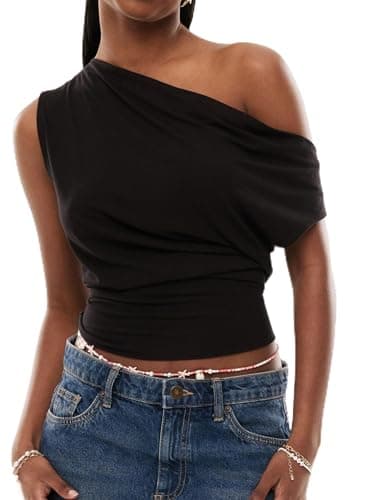 Image of Yoisdtxc Women Asymmetrical Off One Shoulder Top Sleeveless Ruched Slim Fit Solid Color or Striped Shirts for Summer (A-Black, L)