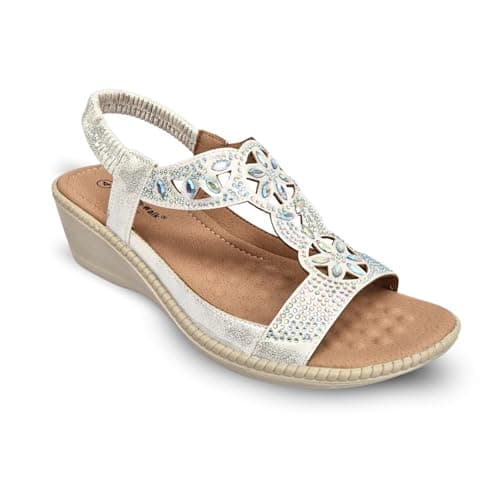 Image of Cushion Walk Womens Wide Fit Wedge Sandals EEE Diamante Jewel Elasticated Slingback Massage Footbed Holiday Beach Summer Comfort Shoes (White, UK Footwear Size System, Adult, Women, Numeric, Wide, 6)