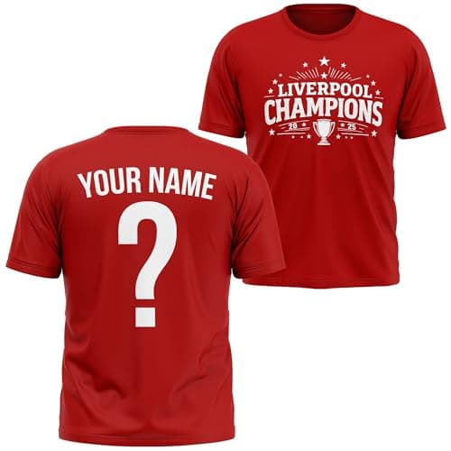 Image of Personalised Liverpool Champions Kids T Shirt Custom Name and Number Football Supporter Winners Boys Girls Tee, 5-6 Years, Red