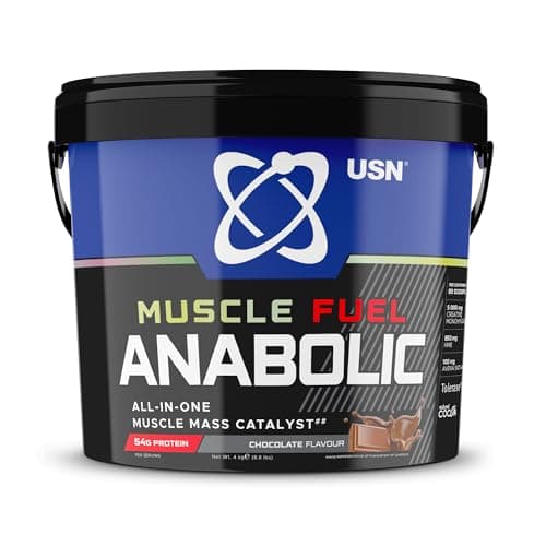 Image of USN Muscle Fuel Anabolic All-In-One Muscle Mass Gainer, Chocolate Flavour - 4kg, 54g Protein Powder, 5g Creatine Powder & 5g BCAA Powder For Maximum Muscle Growth, Post Workout Recovery Drink Mix