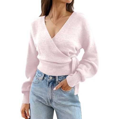 Image of Women's Cropped V Neck Knitted Jumpers Wrap Front Long Sleeve Tie Waist Top Soft Knit Pullover for Casual Daily Wear Loose Fit Fashion Blouse Fashion Ceremony Sweater Everyday Outings M Pink