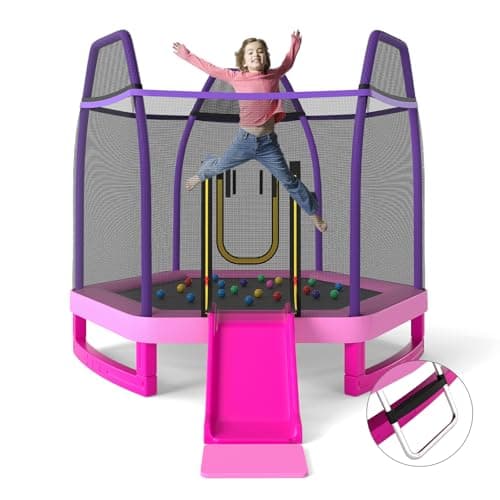 Image of COSTWAY 7ft Kids Trampoline, Hexagonal Trampolines with Slide, Ladder, Safety Enclosure Net and Ocean Balls, Toddler Jumping House for Indoor Outdoor (Purple + Pink)