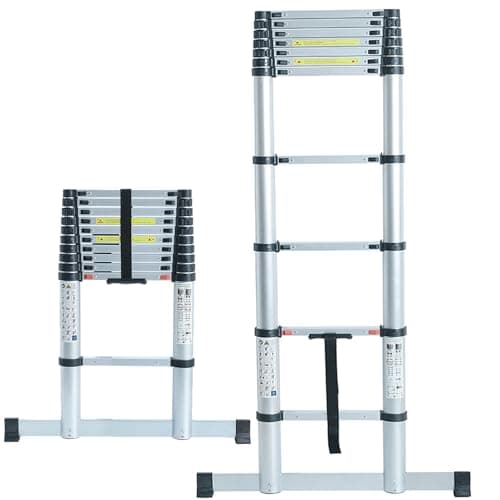 Image of Telescopic Ladder 3.8m Max Height 12 Steps Soft Close System, Includes Base Stabaliser Bar For Extra Safety and Stability TUFFMATE