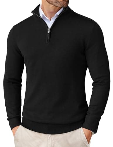 Image of COOFANDY Men's Jumpers Quarter Zip Turtle Neck Jumper Half Zip Neck Pullover Knitted Jumpers for Men Slim Fit Warm Winter Sweater Black XXL
