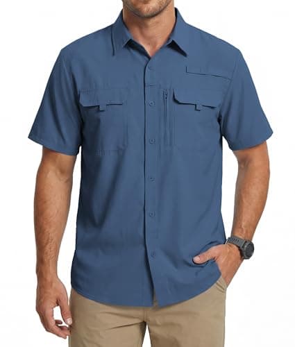 Image of Men's UPF 50+ UV Protection Short Sleeve Shirt, Lightweight Quick Dry Cooling Button Down Outdoor Shirt for Hiking Fishing Travel Safari Blue 2XL