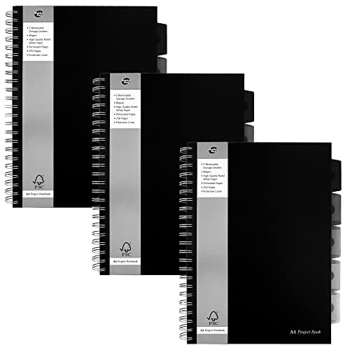 Image of Pukka Pad, A4 Executive Project Notebook 3-Pack - 29.7 x 21cm - Wirebound Notebook with 8mm Feint Ruled Lines on 80GSM Paper - Includes 5 Repositionable Dividers with Storage Pockets - 250 Pages
