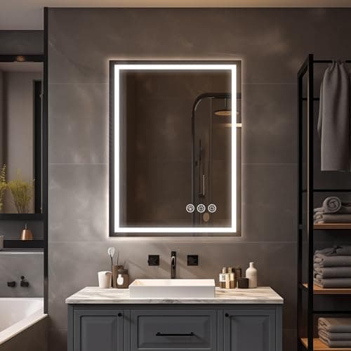 Image of Simusi 600X800MM LED Bathroom Mirror with Lights– Illuminated Bathroom Vanity Mirror with LED Lights, Anti-Fog Wall-Mounted Light up for Makeup, Dimmable 3-Color Lighting, IP44, Tempered Glass