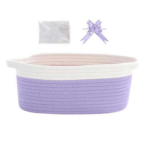 Image of Small Basket Hamper Kit, 30x20x12cm Hamper Baskets for Gifts Empty with Gift Bag and Ribbon,Storage for Children and Infants Birthday Shower, Cat and Dog Pet Toy (Purple)