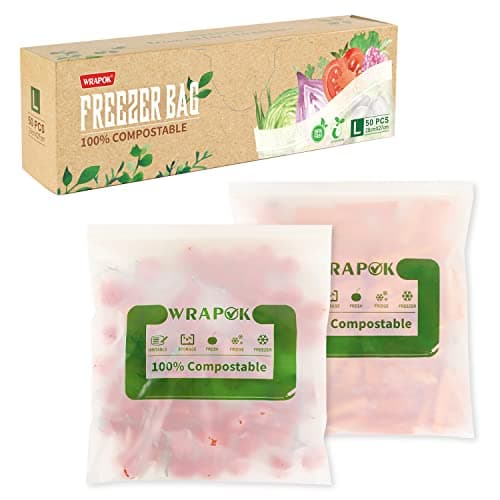 Image of WRAPOK 100% Compostable Freezer Ziplock Bags Large Biodegradable Food Storage Bag for Vegetables, Fruits, Meats - 50 Count