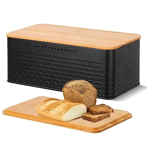 Image of Chuboir Bread Bin, Metal Bread Box with Bamboo Lid Usable as Cutting Board, Bread Storage Container Holder for Kitchen Countertop, 13 x 7 x 5.3 inch (Black)