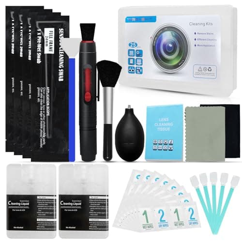 Image of MirraSwit 25 Pcs Camera Cleaning Kit, 24mm Full Frame Sensor Cleaning Swab, Cleaning Solution, 2in1 Lens Cleaning Pen, Air Blower Short Nozzle, Microfiber Cloths, Lens Paper for Camera Cleaner
