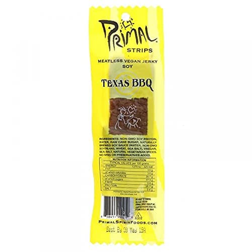 Image of Primal Spirit, Vegan Meatless Jerky Strips - High Energy, High Protein, Non-GMO, 93% Fat-Free Snacks, Vegan Jerky - 28g, Pack of 1 Texas BBQ Flavour