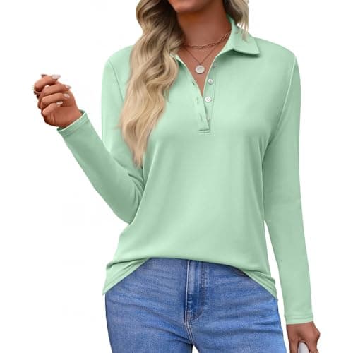 Image of Women's Long Sleeve Tee Shirts Casual Regular Fit Cross Henley Neck Button Down Sleeve Tops Loose Comfy Solid Color Tunic Top Ladies Basic Spring Blouses Going Out Shirt(Mint Green, XXL)