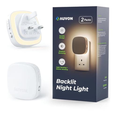 Image of AUVON Night Light Plug in Wall, 2 Pack Backlit LED Motion Sensor Night Light with Dusk to Dawn Sensor, Warm Dimmable Light with Adjustable Brightness 1-50 lm 8 Levels for Hallways, Stairs, Bedrooms